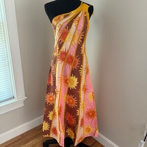 Farm Rio One Shoulder Seamed Sun Print Dress Cotton Size S Pink Orange